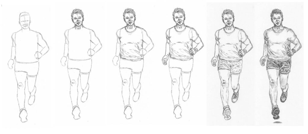 drawing of a runner from basic steps to finished