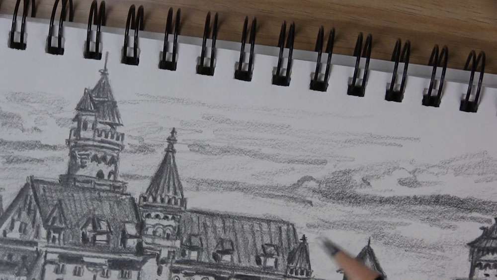 draw the clouds and final details of the medieval castle