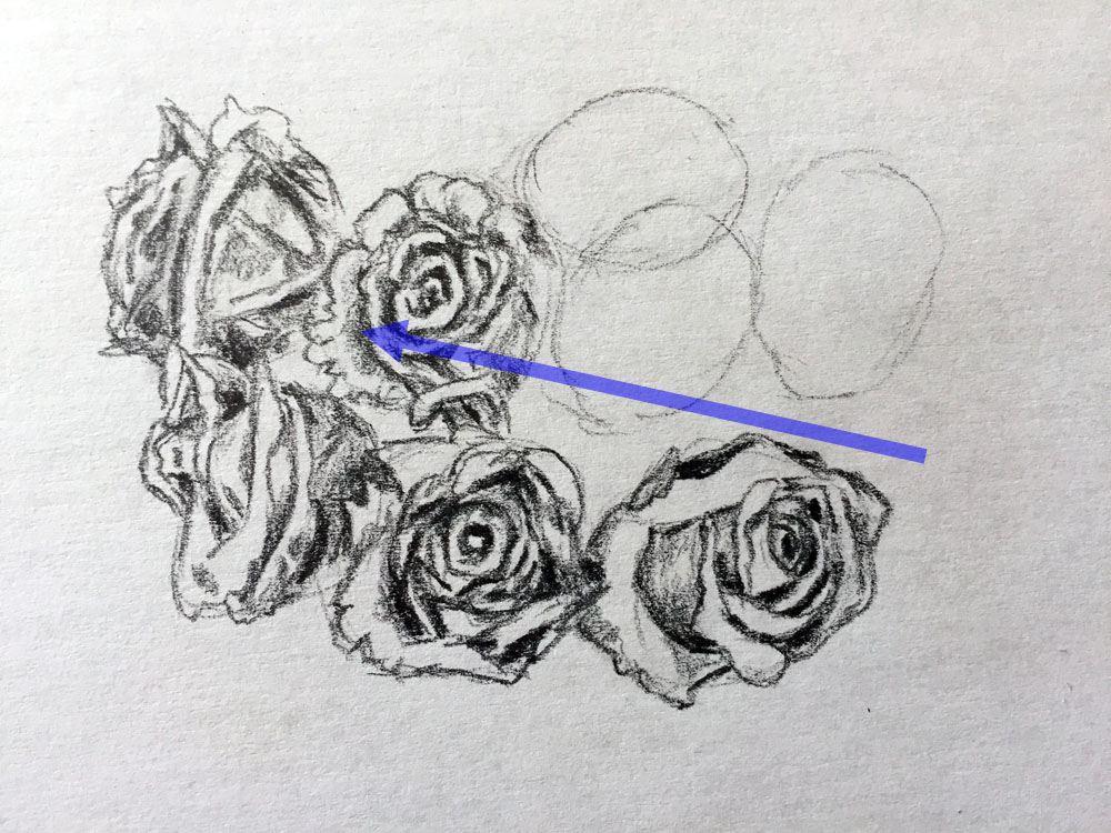 draw shading between the petals of the bouquet flowers