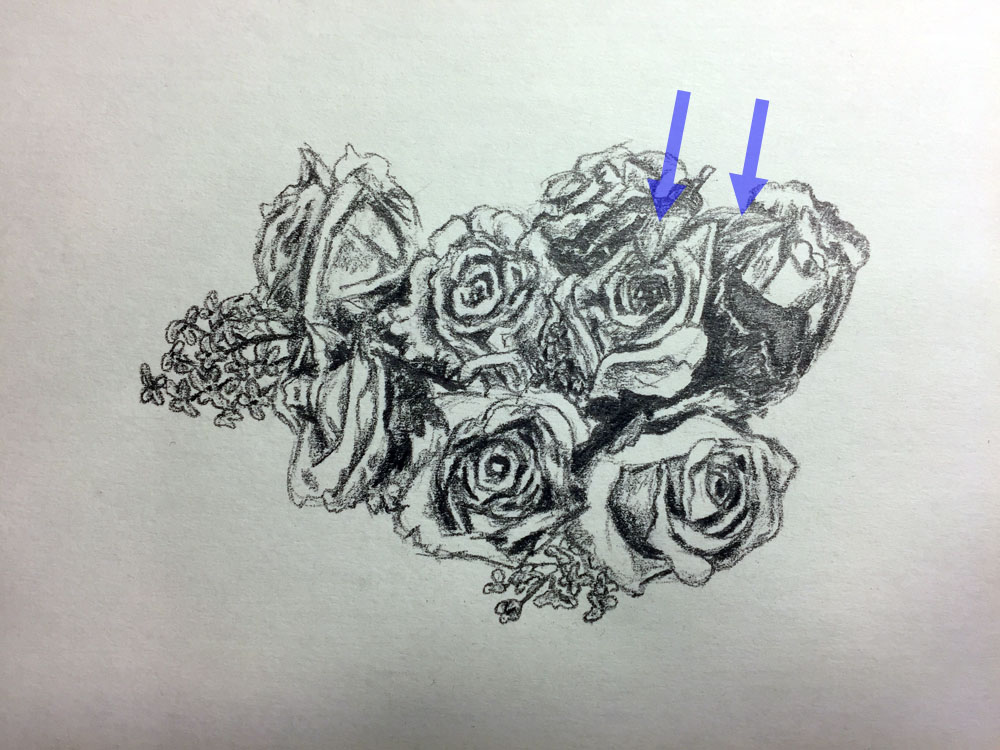 draw shading on the top leaves of the bouquet of flowers