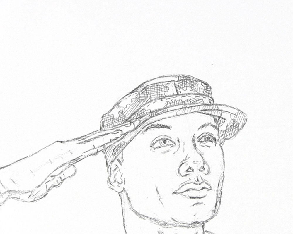 draw the finished camo hat on the army man