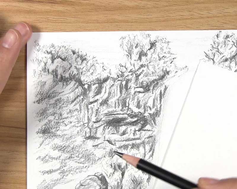 draw leaves on tree next to waterfall