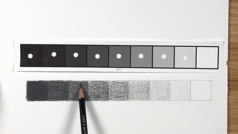 printable value scale above handmade pencil shading scale