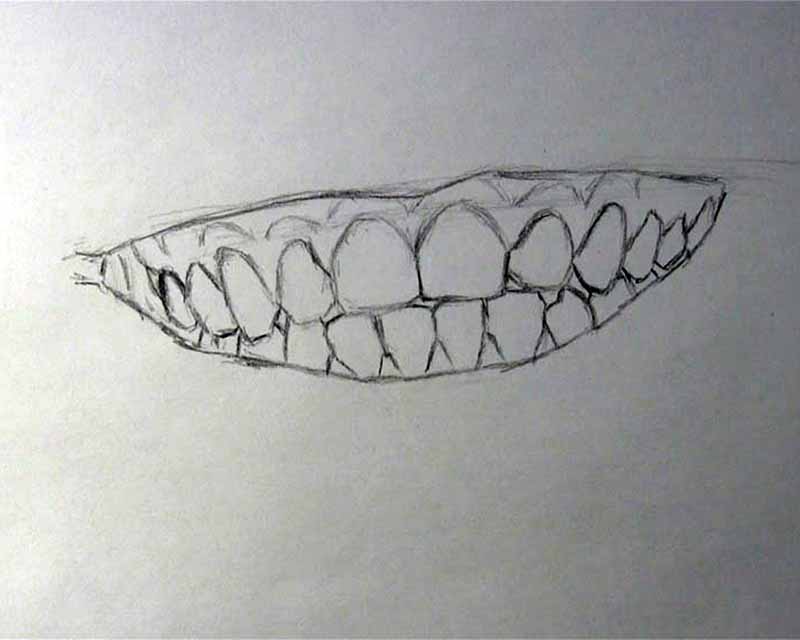 sketch line connecting lips around teeth