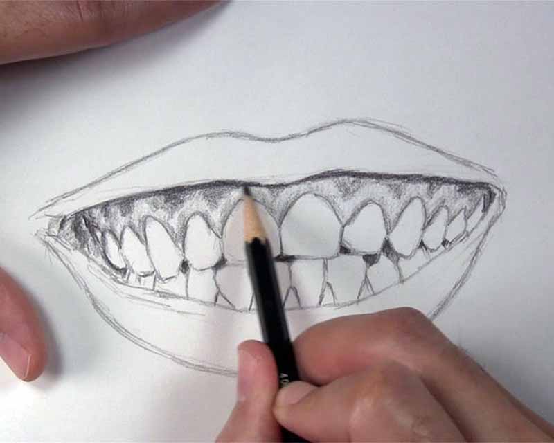 sketch shadow around lips and teeth
